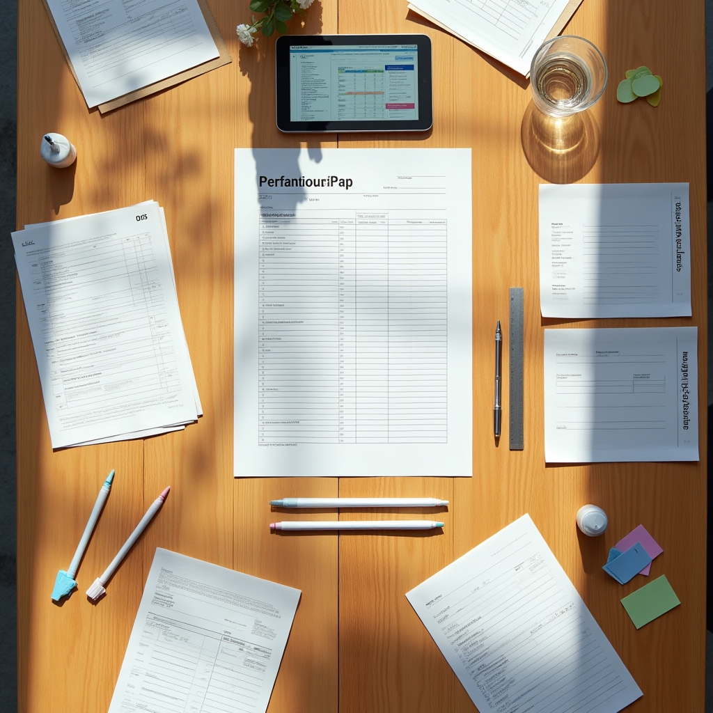 Modelli compilabili e fogli di calcolo su scrivania di lavoro